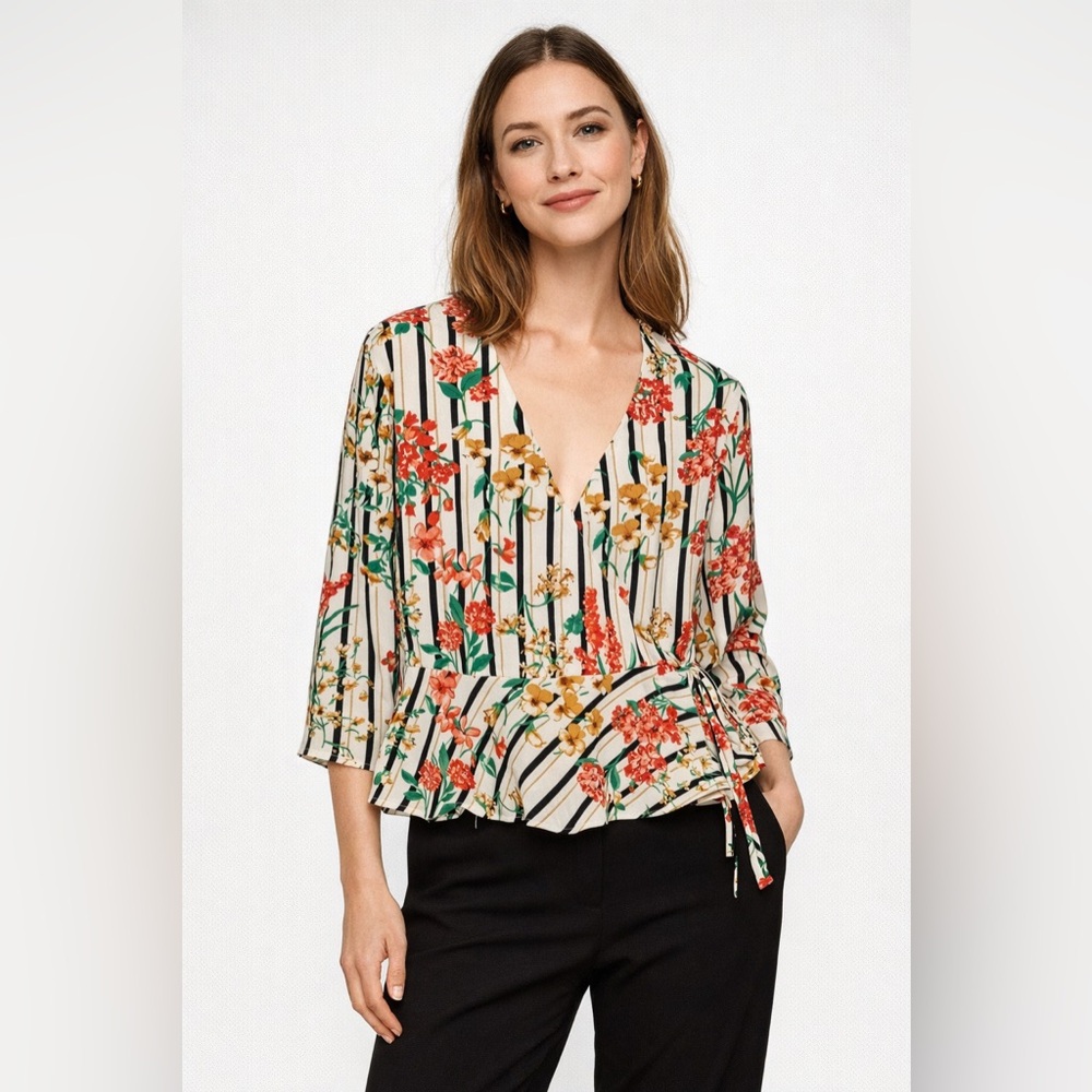 ZARA Crossed Floral Blouse with Ruffle